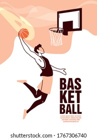 Player man with ball jumping to backboard design, Basketball sport hobby competition and game theme Vector illustration