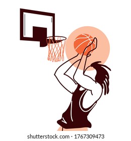 Hombre jugador con balonmano saltando al diseño de backboard, competencia de hobby de baloncesto y tema de juego Ilustración vectorial