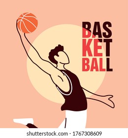 Jugador con diseño de salto de baloncesto, competencia de hobby deportivo de baloncesto y tema de juego Ilustración vectorial