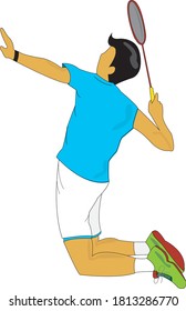 Player Man is jumping smash in playing Badminton