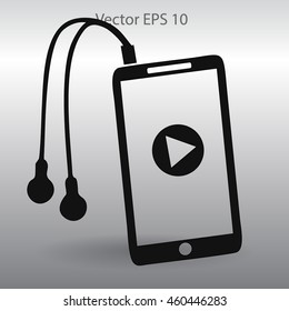 The player mobile phone with headphones vector icon