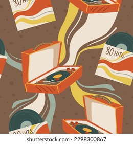 Player for music 80s hits and songs compositions. Vintage vinyl plate and abstract shapes and decoration. Musical concert. Seamless pattern, wallpaper print or background. Vector in flat style