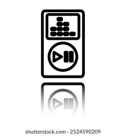Reproductor musical icono simple. Diseño plano. Icono negro con reflejo de espejo. El fondo blanco.ai