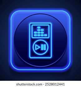 Reproductor musical icono simple. Diseño plano. Estilo de neón azul en el Botón. Con shadow.ai