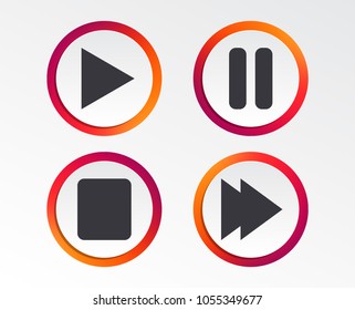 Player navigation icons. Play, stop and pause signs. Next song symbol. Infographic design buttons. Circle templates. Vector