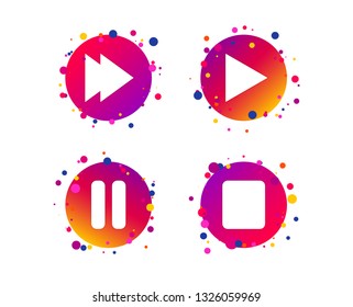 Player navigation icons. Play, stop and pause signs. Next song symbol. Gradient circle buttons with icons. Random dots design. Vector