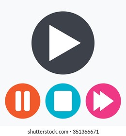 Player navigation icons. Play, stop and pause signs. Next song symbol. Circle flat buttons with icon.