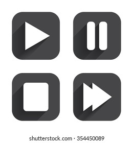 Player navigation icons. Play, stop and pause signs. Next song symbol. Square flat buttons with long shadow.