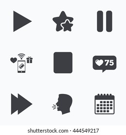 Player navigation icons. Play, stop and pause signs. Next song symbol. Flat talking head, calendar icons. Stars, like counter icons. Vector