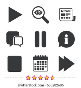 Player navigation icons. Play, stop and pause signs. Next song symbol. Newspaper, information and calendar icons. Investigate magnifier, chat symbol. Vector