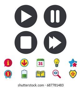 Player navigation icons. Play, stop and pause signs. Next song symbol. Calendar, Information and Download signs. Stars, Award and Book icons. Light bulb, Shield and Search. Vector