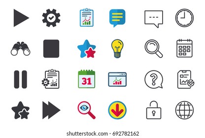 Player navigation icons. Play, stop and pause signs. Next song symbol. Chat, Report and Calendar signs. Stars, Statistics and Download icons. Question, Clock and Globe. Vector