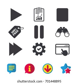 Player navigation icons. Play, stop and pause signs. Next song symbol. Browser window, Report and Service signs. Binoculars, Information and Download icons. Stars and Chat. Vector