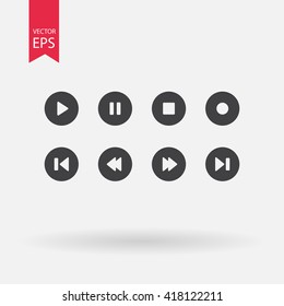 Player navigation icons Vector set buttons. Audio setting concept. Play, stop rewind, forward pause record black symbols isolated on white background. Flat adapted design for web, web site, mobile app