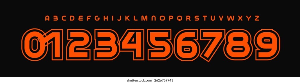 Player Number Font in Bauhaus Tech Style, Bold Geometric Alphabet for sci-fi UI, cyberpunk branding, digital posters, esports visuals, modern tech interfaces, team jersey. Vector Illustration