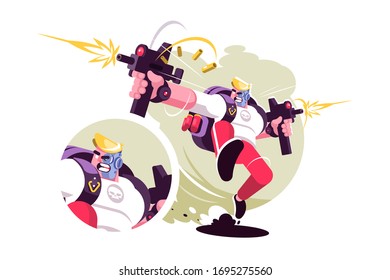 Player On Strike In Game Vector Illustration. Killer With Weapon Shooting At Enemy Flat Style Design. Gamer Icon. Computer Games Concept. Isolated On White