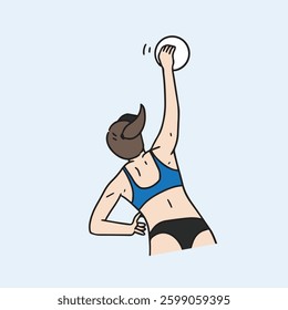 A player playing beach volleyball on the beach. A female player in a swimsuit serves the ball. Hand drawn vector illustration.