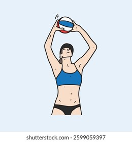 A player playing beach volleyball on the beach. A female player in a swimsuit serves the ball. Hand drawn vector illustration.