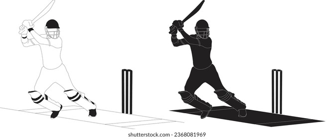 player playing cricket action pose line art vector illustration