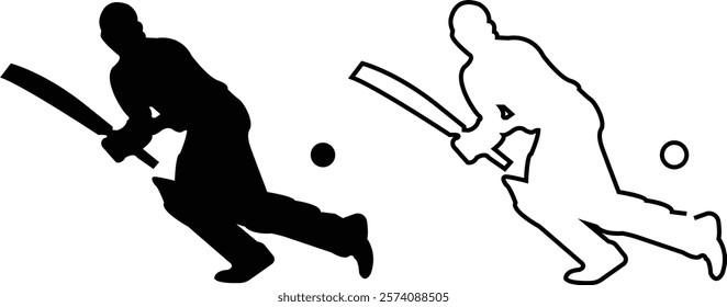 Player playing cricket action pose icon set black line and flat championship vector collection isolated on transparent background. Related to the game of cricket with various element bowler fielder