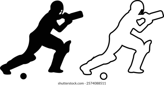 Player playing cricket action pose icon set black line and flat championship vector collection isolated on transparent background. Related to the game of cricket with various element bowler fielder