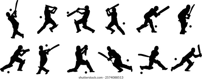 Player playing cricket action pose icon set black flat championship vector collection isolated on transparent background. Related to the game of cricket with various element bowler fielder