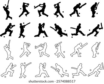 Player playing cricket action pose icon set black line and flat championship vector collection isolated on transparent background. Related to the game of cricket with various element bowler fielder