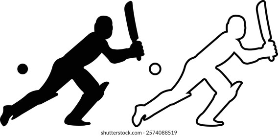 Player playing cricket action pose icon set black line and flat championship vector collection isolated on transparent background. Related to the game of cricket with various element bowler fielder