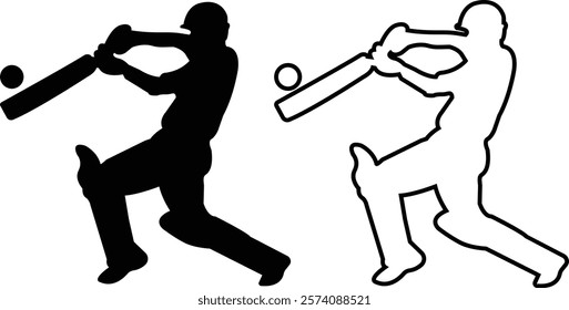 Player playing cricket action pose icon set black line and flat championship vector collection isolated on transparent background. Related to the game of cricket with various element bowler fielder