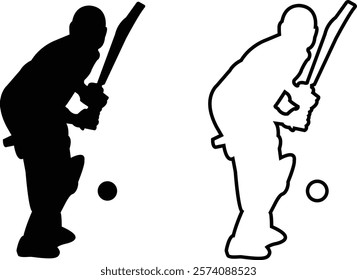 Player playing cricket action pose icon set black line and flat championship vector collection isolated on transparent background. Related to the game of cricket with various element bowler fielder