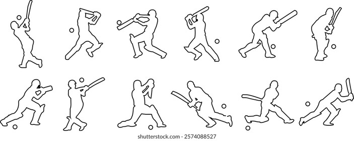 Player playing cricket action pose icon set black line championship vector collection isolated on transparent background. Related to the game of cricket with various element bowler fielder