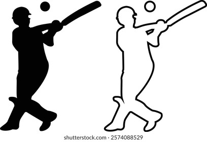 Player playing cricket action pose icon set black line and flat championship vector collection isolated on transparent background. Related to the game of cricket with various element bowler fielder