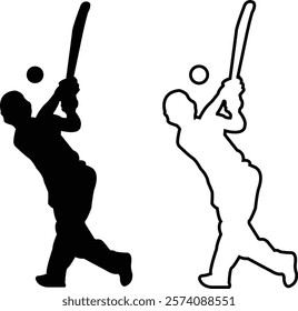 Player playing cricket action pose icon set black line and flat championship vector collection isolated on transparent background. Related to the game of cricket with various element bowler fielder