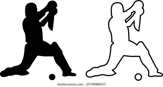 Player playing cricket action pose icon set black line and flat championship vector collection isolated on transparent background. Related to the game of cricket with various element bowler fielder