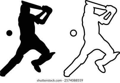 Player playing cricket action pose icon set black line and flat championship vector collection isolated on transparent background. Related to the game of cricket with various element bowler fielder