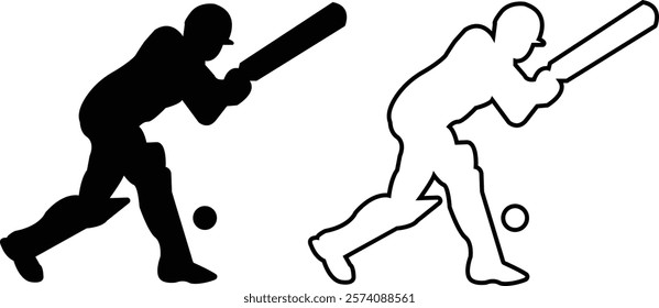 Player playing cricket action pose icon set black line and flat championship vector collection isolated on transparent background. Related to the game of cricket with various element bowler fielder