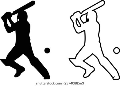 Player playing cricket action pose icon set black line and flat championship vector collection isolated on transparent background. Related to the game of cricket with various element bowler fielder