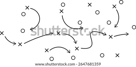 player position, game plan, idea, studying, management of sport event with black lines paths template
