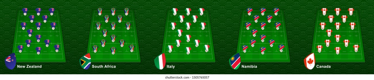 Player position on rugby field for national team of New Zealand, South Africa, Italy, Namibia, Canada. Vector illustration.