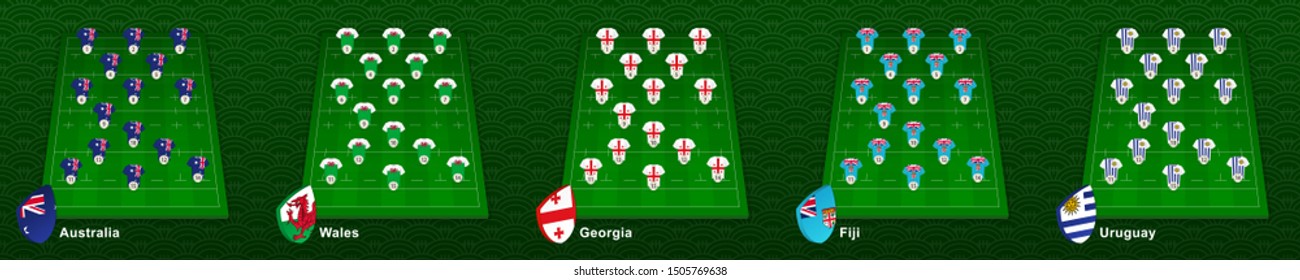 Player position on rugby field for national team of Australia, Wales, Georgia, Fiji, Uruguay. Vector illustration.