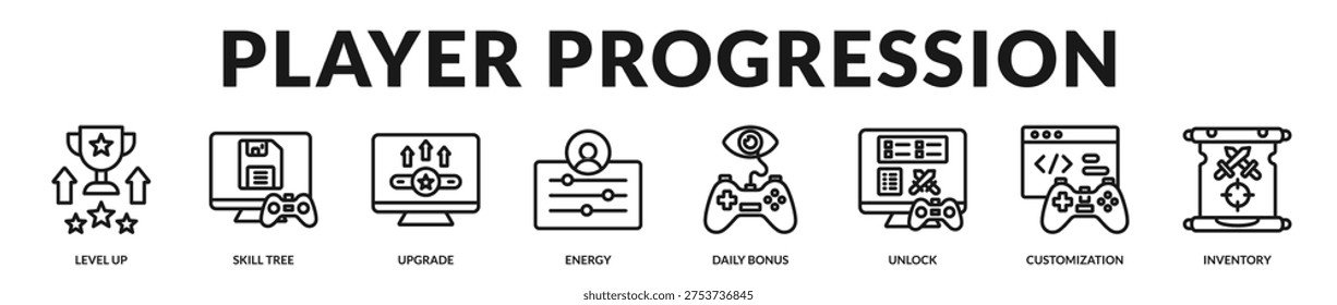 Player progression banner highlighting advancement mechanics and reward systems that enhance long term gameplay engagement in Lineal Icon Style