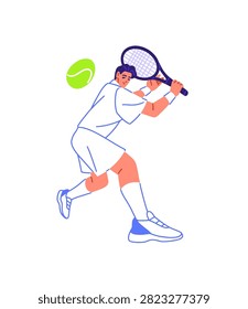 Player with racket swings to return serve. Person plays tennis on court. Athlete hits the ball with racquet. Sportsman strikes ball during sports game. Flat isolated vector illustration on white