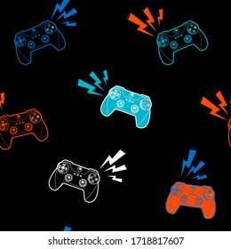 Player seamless pattern with orange and blue gamepad sign. lightning illustration joystick. Gamer elements for boy Clothes, sport textile