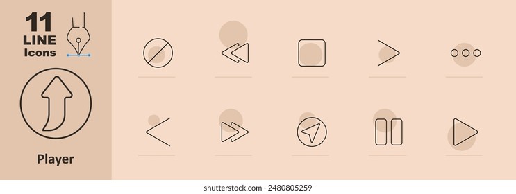 Player set icon. Arrow, rewind, forward, pause, play, stop, previous, next, shuffle, repeat, options, playlist, controls, multimedia, interface, navigation, playback, media player