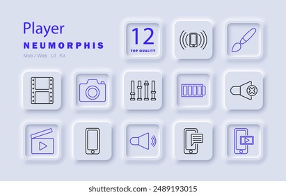 Player set icon. Movie, camera, volume, battery, smartphone, film reel, clapperboard, sound, play, music, multimedia, media player, video.