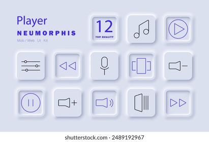 Player set icon. Music note, play, microphone, volume, pause, rewind, forward, equalizer, adjust, speaker, sound, audio.