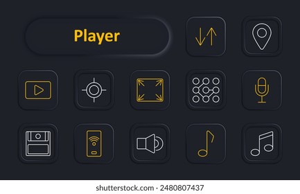 Player set icon. Play button, video, full screen, microphone, volume, music notes, pause, targeting, navigation, arrows. Media player, multimedia, audio and video controls concept.