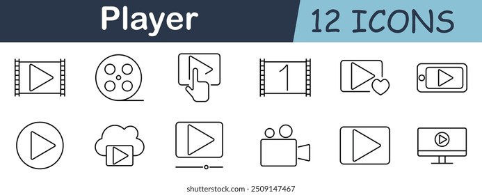 Player set icon. Play, film, video, screen, cloud, camera, heart, monitor, movie, finger, control, media.