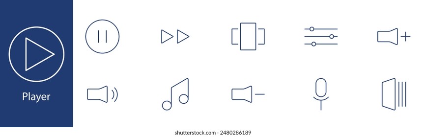 Player set icon. Play, pause, forward, equalizer, volume, music note, microphone, sound, speaker. Audio control, multimedia concept.