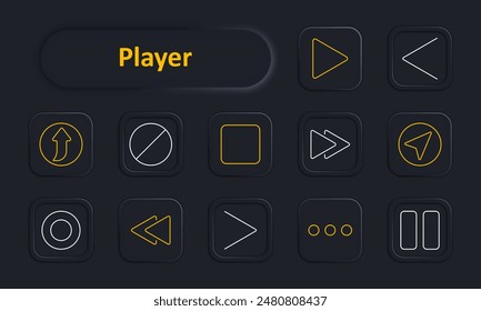 Player set icon. Play, pause, stop, fast forward, rewind, next, previous, arrow, record, menu, direction, navigation. Media controls, user interface, multimedia concept.